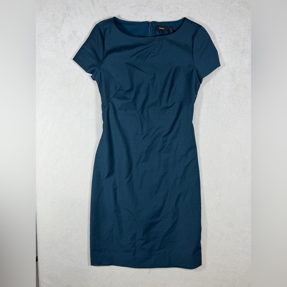 Theory Sz 4 Betty Continuous Teal Short Sleeve Stretch Wool-Blend Sheath Dress - Picture 2 of 9
